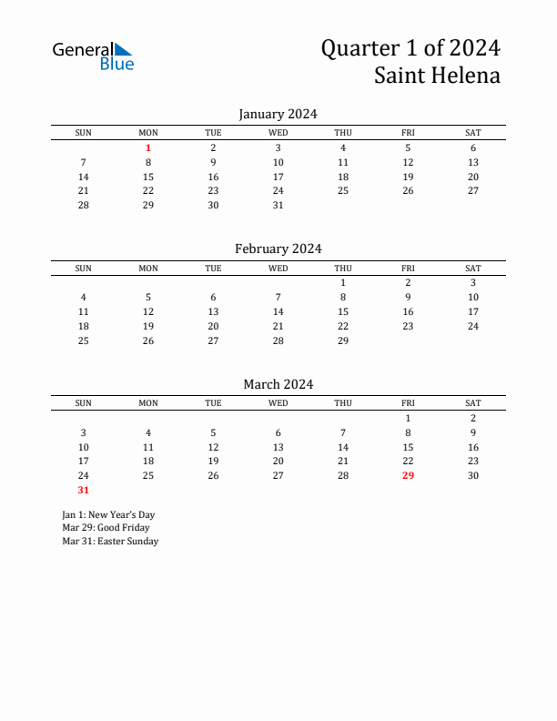 Quarter 1 2024 Saint Helena Quarterly Calendar