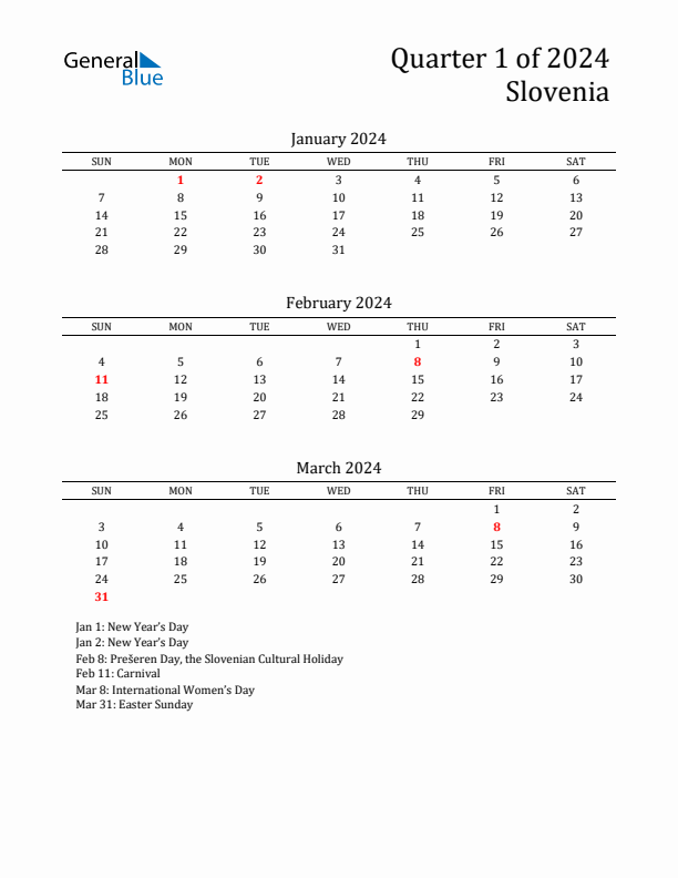 Quarter 1 2024 Slovenia Quarterly Calendar