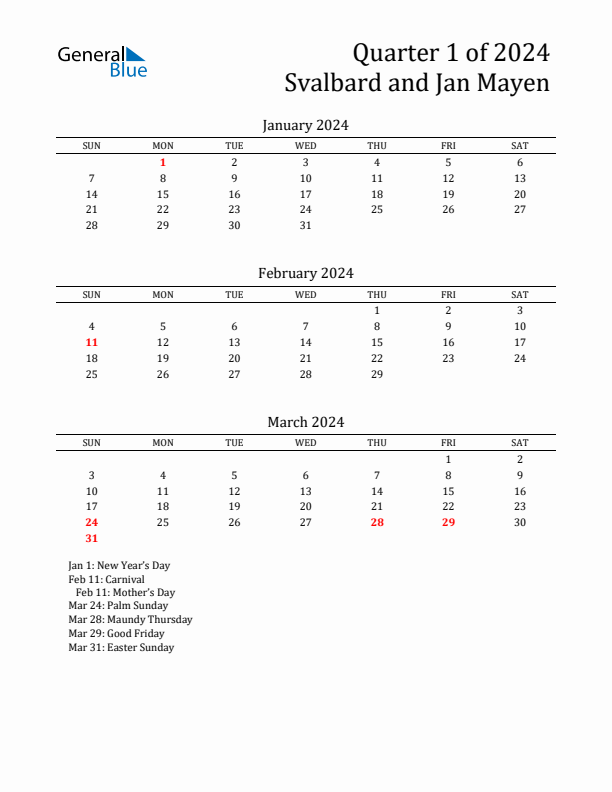 Quarter 1 2024 Svalbard and Jan Mayen Quarterly Calendar