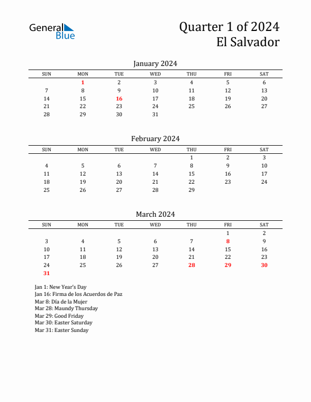 Quarter 1 2024 El Salvador Quarterly Calendar