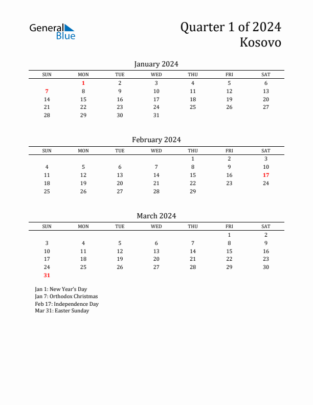 Quarter 1 2024 Kosovo Quarterly Calendar