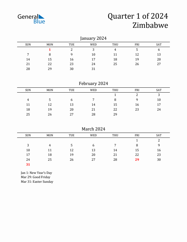 Quarter 1 2024 Zimbabwe Quarterly Calendar