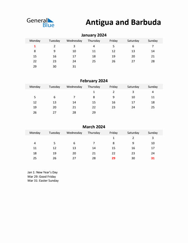 Printable Quarterly Calendar with Notes and Antigua and Barbuda Holidays- Q1 of 2024