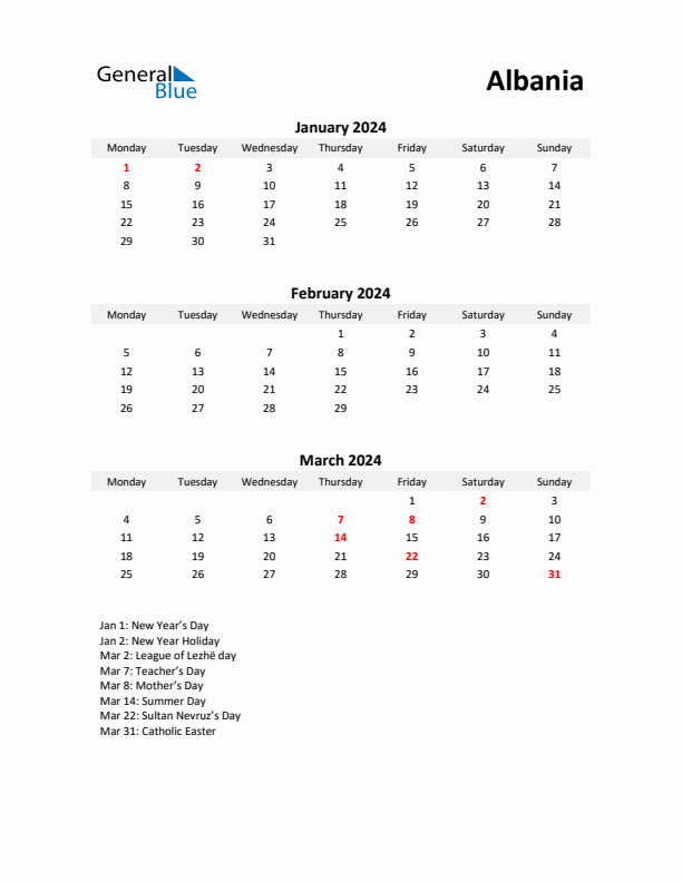 Printable Quarterly Calendar with Notes and Albania Holidays- Q1 of 2024