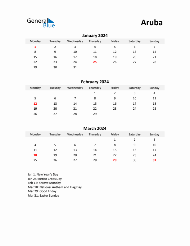 Printable Quarterly Calendar with Notes and Aruba Holidays- Q1 of 2024