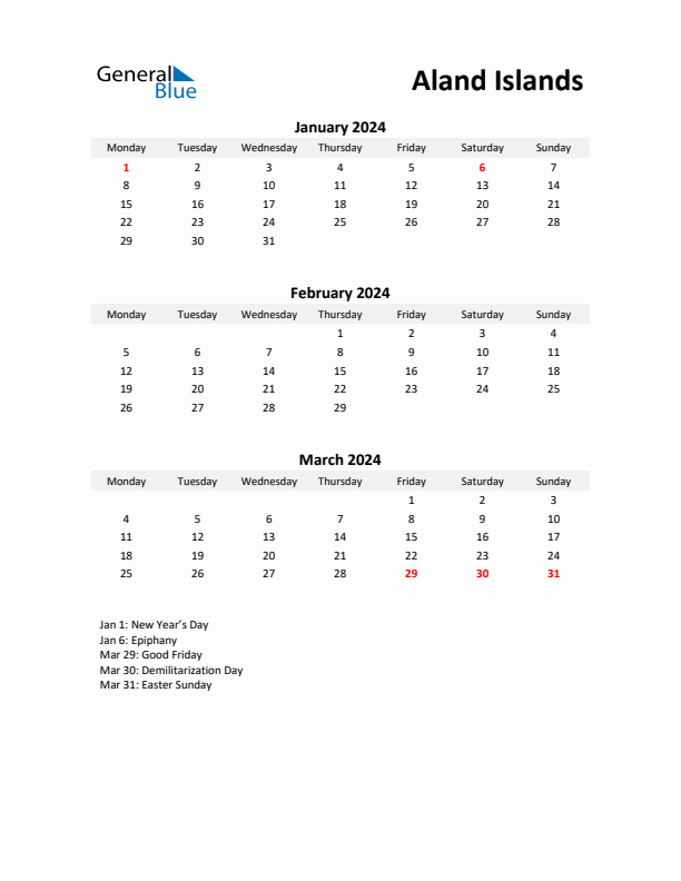 Printable Quarterly Calendar with Notes and Aland Islands Holidays- Q1 of 2024