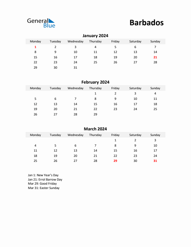 Printable Quarterly Calendar with Notes and Barbados Holidays- Q1 of 2024