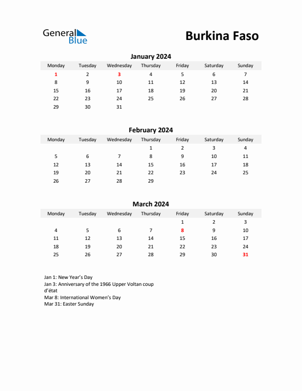 Printable Quarterly Calendar with Notes and Burkina Faso Holidays- Q1 of 2024