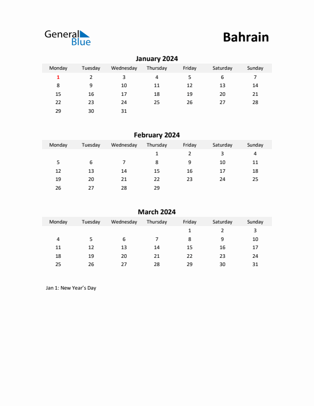 Printable Quarterly Calendar with Notes and Bahrain Holidays- Q1 of 2024