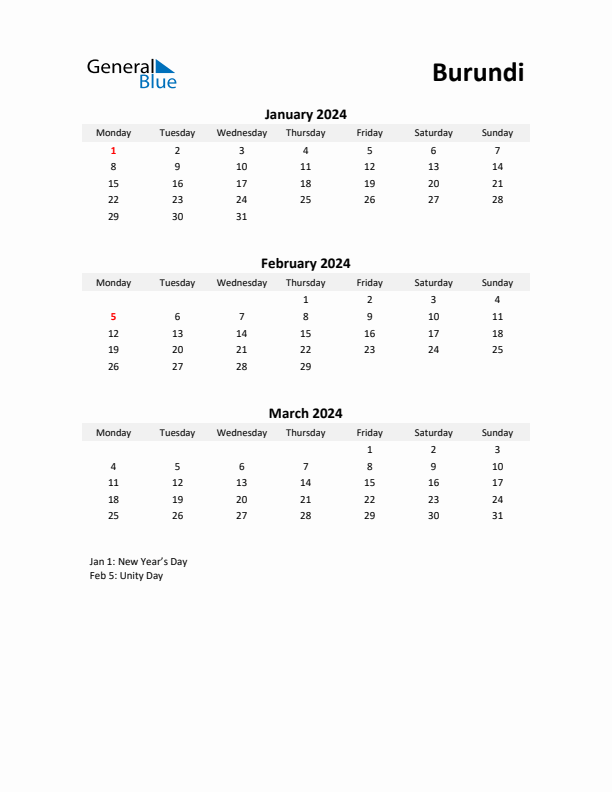 Printable Quarterly Calendar with Notes and Burundi Holidays- Q1 of 2024