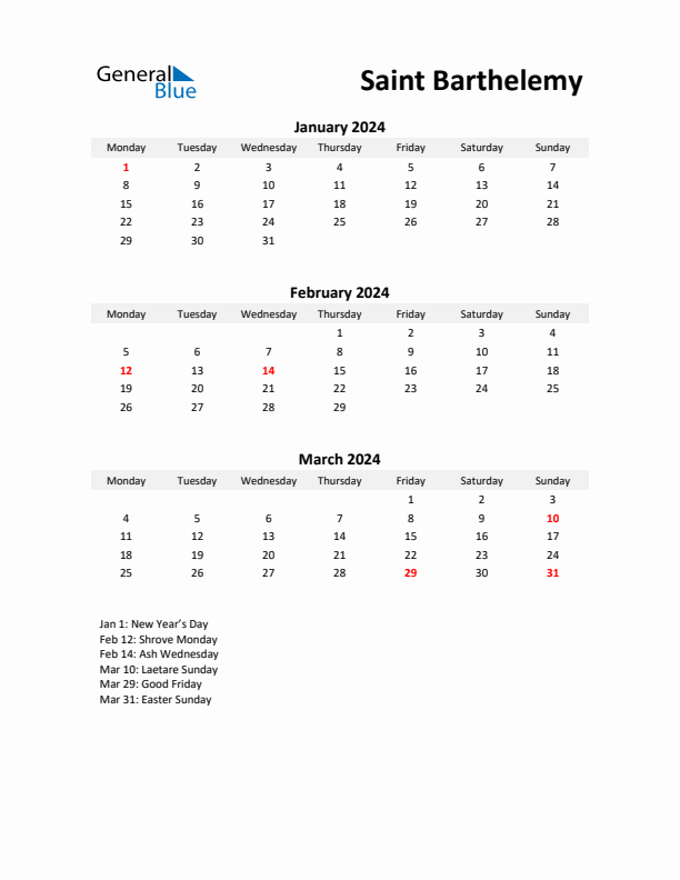 Printable Quarterly Calendar with Notes and Saint Barthelemy Holidays- Q1 of 2024