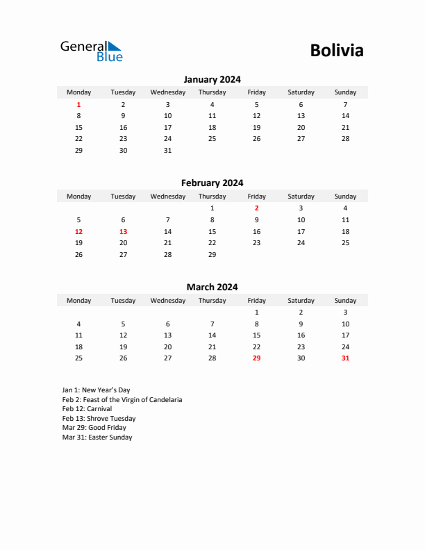 Printable Quarterly Calendar with Notes and Bolivia Holidays- Q1 of 2024