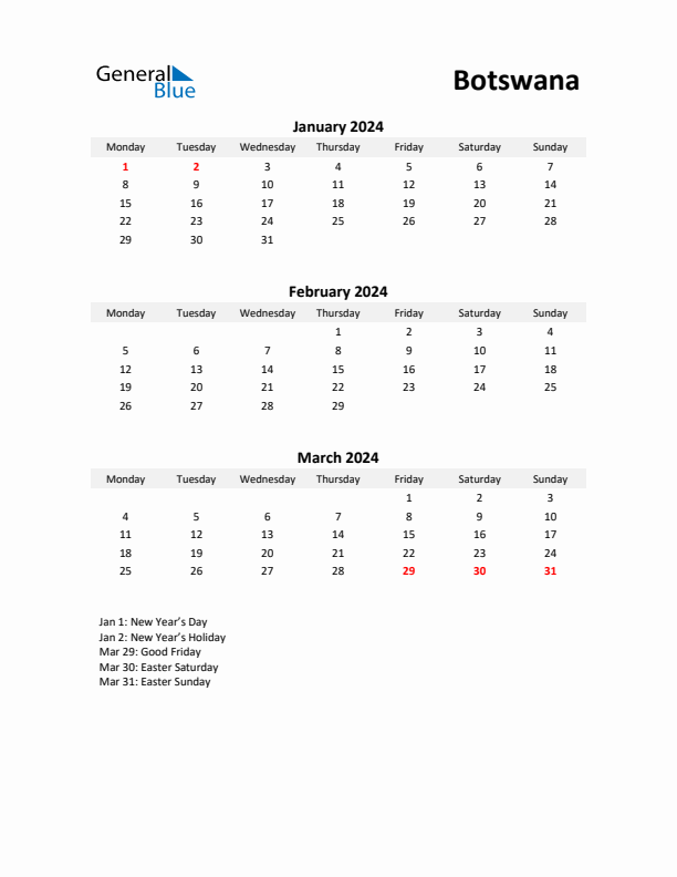 Printable Quarterly Calendar with Notes and Botswana Holidays- Q1 of 2024