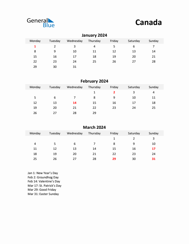 Printable Quarterly Calendar with Notes and Canada Holidays- Q1 of 2024