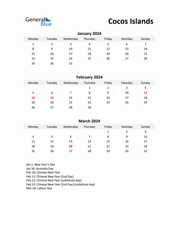 Printable Quarterly Calendar with Notes and Cocos Islands Holidays- Q1 of 2024