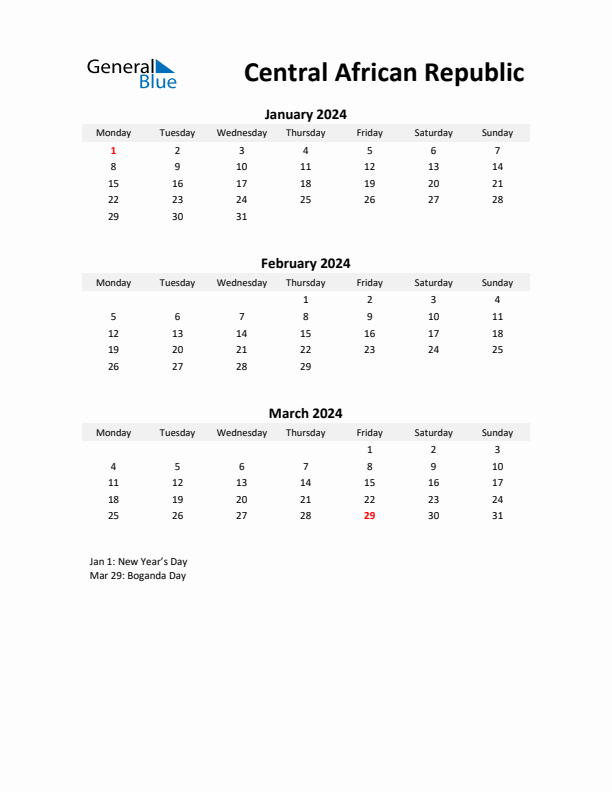 Printable Quarterly Calendar with Notes and Central African Republic Holidays- Q1 of 2024