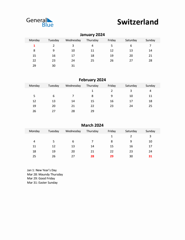 Printable Quarterly Calendar with Notes and Switzerland Holidays- Q1 of 2024