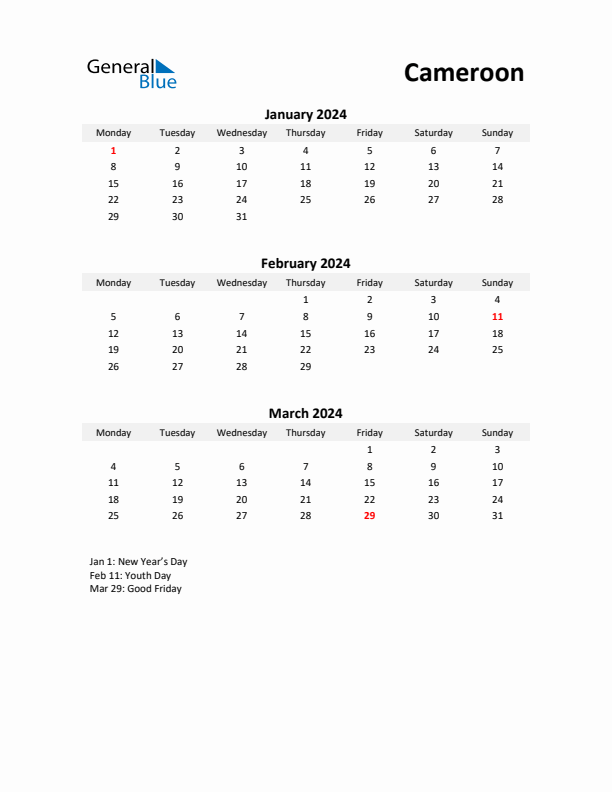 Printable Quarterly Calendar with Notes and Cameroon Holidays- Q1 of 2024