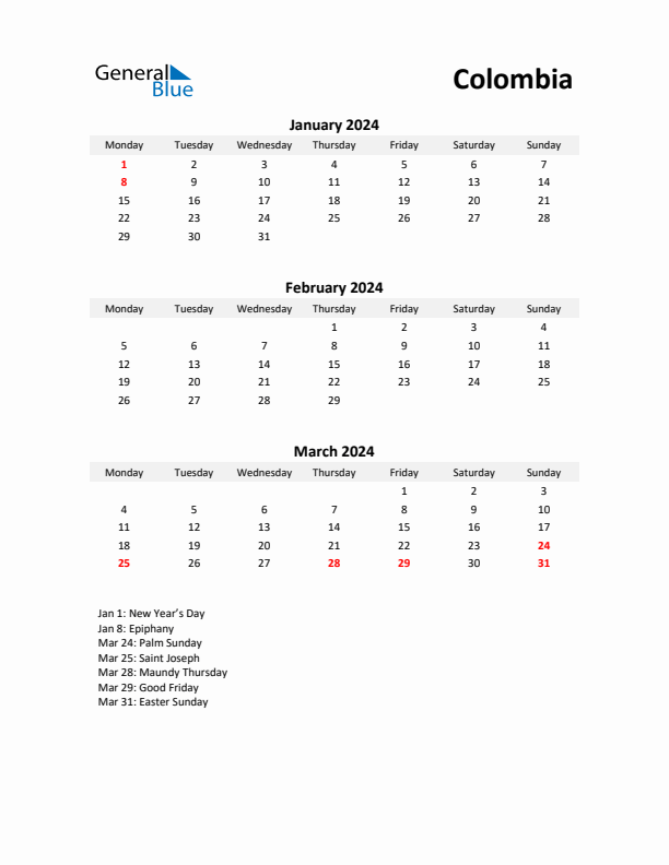 Printable Quarterly Calendar with Notes and Colombia Holidays- Q1 of 2024