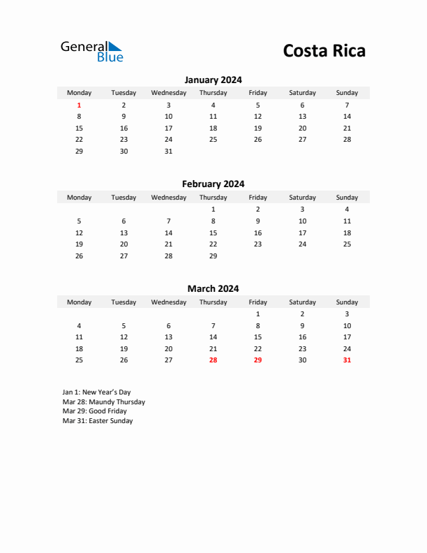 Printable Quarterly Calendar with Notes and Costa Rica Holidays- Q1 of 2024