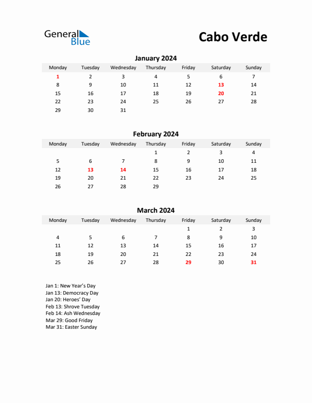 Printable Quarterly Calendar with Notes and Cabo Verde Holidays- Q1 of 2024