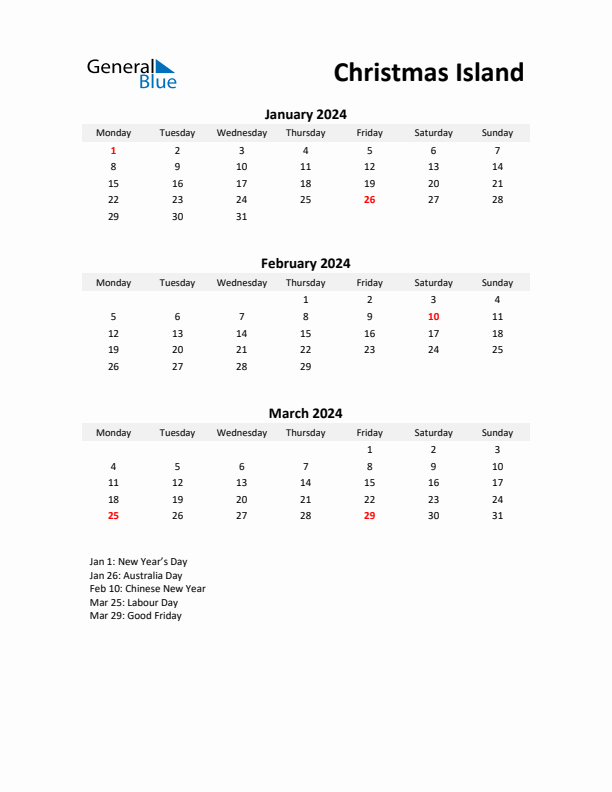 Printable Quarterly Calendar with Notes and Christmas Island Holidays- Q1 of 2024