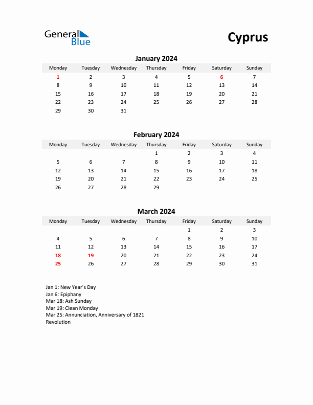 Printable Quarterly Calendar with Notes and Cyprus Holidays- Q1 of 2024