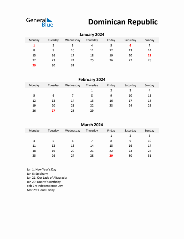 Printable Quarterly Calendar with Notes and Dominican Republic Holidays- Q1 of 2024