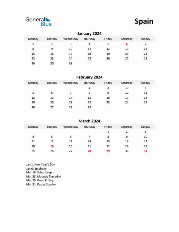 Printable Quarterly Calendar with Notes and Spain Holidays- Q1 of 2024