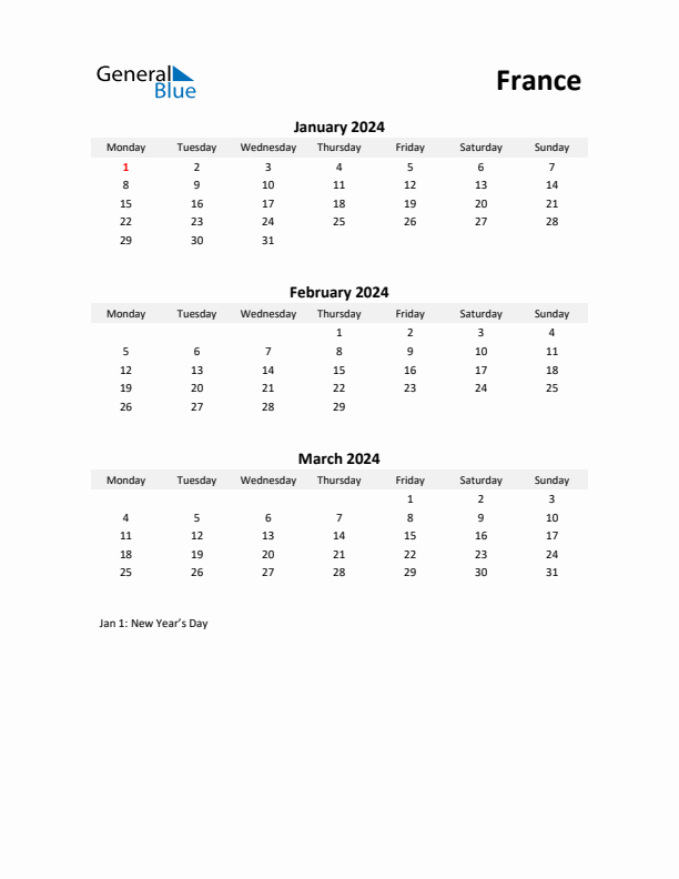 Printable Quarterly Calendar with Notes and France Holidays- Q1 of 2024