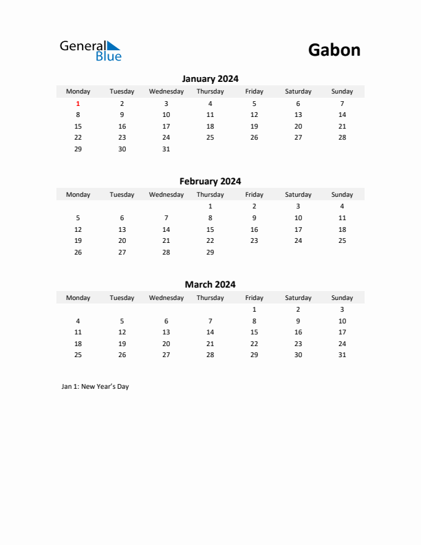 Printable Quarterly Calendar with Notes and Gabon Holidays- Q1 of 2024