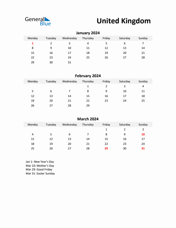 Printable Quarterly Calendar with Notes and United Kingdom Holidays- Q1 of 2024