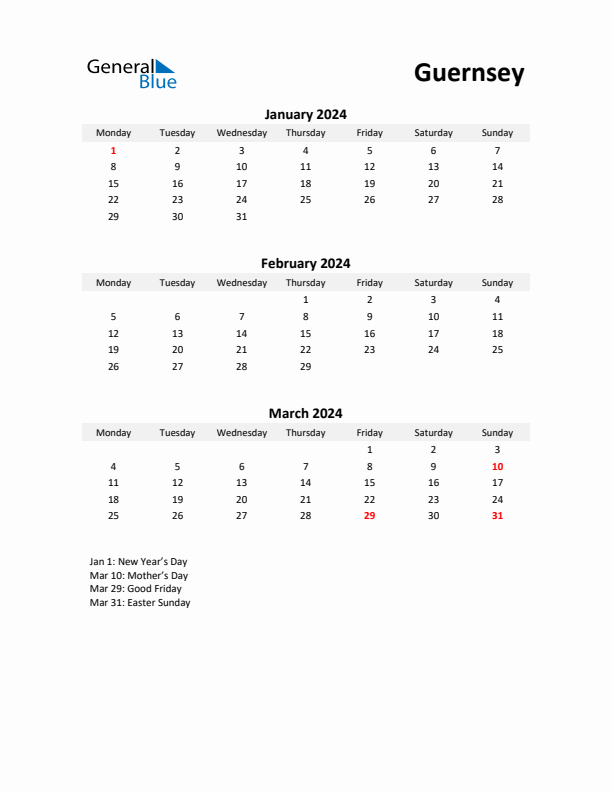 Printable Quarterly Calendar with Notes and Guernsey Holidays- Q1 of 2024