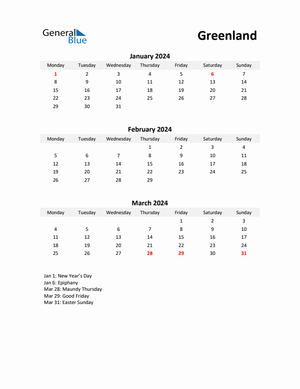 Printable Quarterly Calendar with Notes and Greenland Holidays- Q1 of 2024