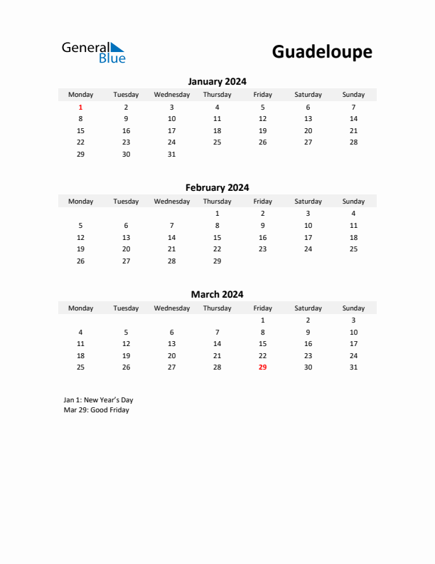 Printable Quarterly Calendar with Notes and Guadeloupe Holidays- Q1 of 2024