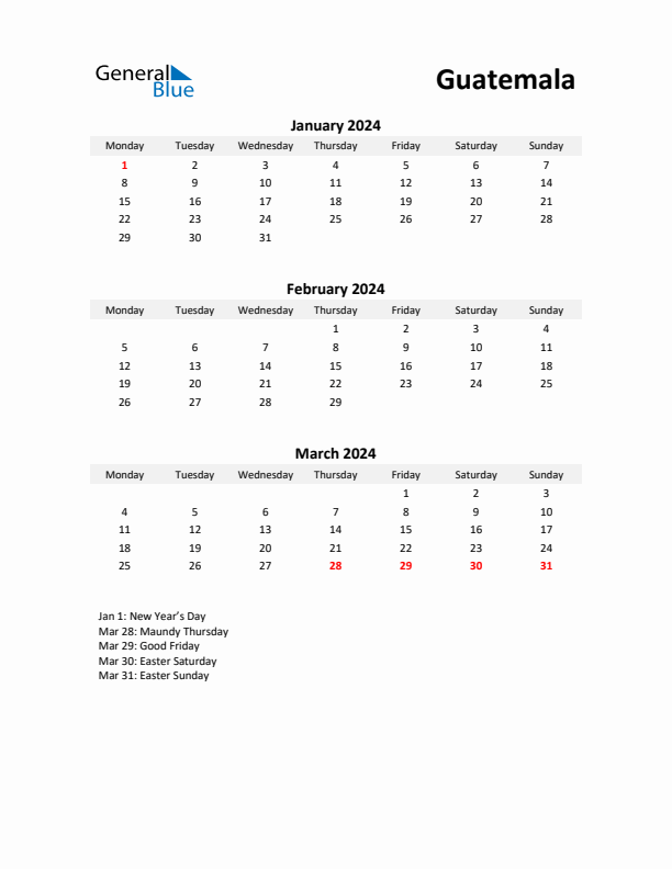 Printable Quarterly Calendar with Notes and Guatemala Holidays- Q1 of 2024