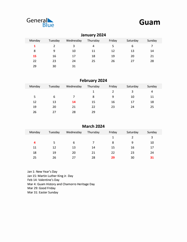 Printable Quarterly Calendar with Notes and Guam Holidays- Q1 of 2024