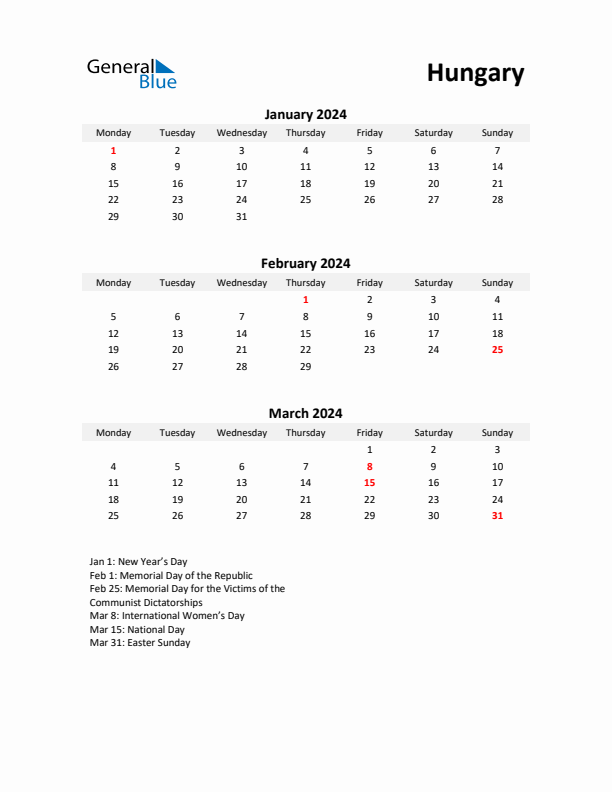 Printable Quarterly Calendar with Notes and Hungary Holidays- Q1 of 2024