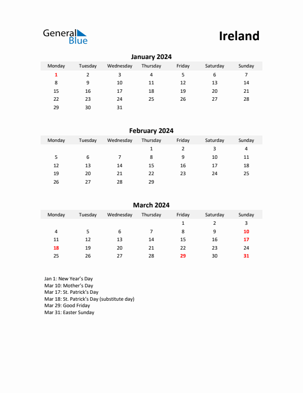 Printable Quarterly Calendar with Notes and Ireland Holidays- Q1 of 2024