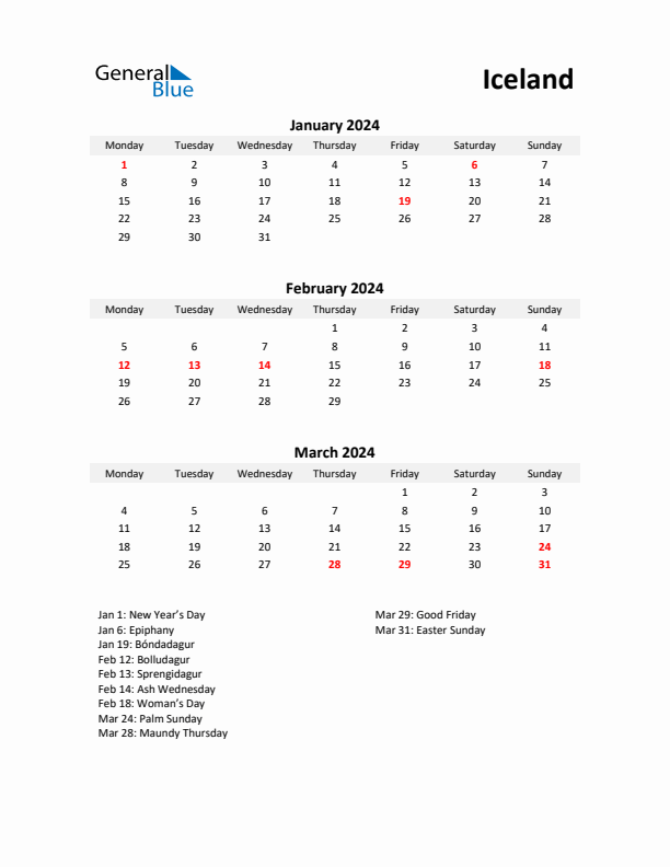 Printable Quarterly Calendar with Notes and Iceland Holidays- Q1 of 2024