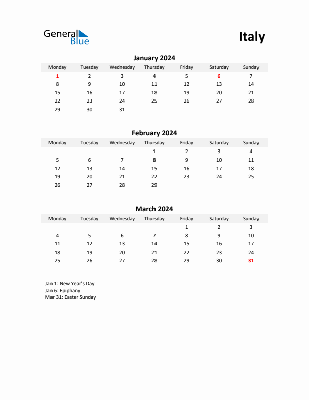 Printable Quarterly Calendar with Notes and Italy Holidays- Q1 of 2024