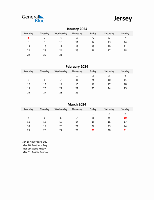 Printable Quarterly Calendar with Notes and Jersey Holidays- Q1 of 2024