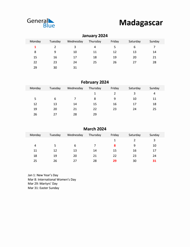 Printable Quarterly Calendar with Notes and Madagascar Holidays- Q1 of 2024