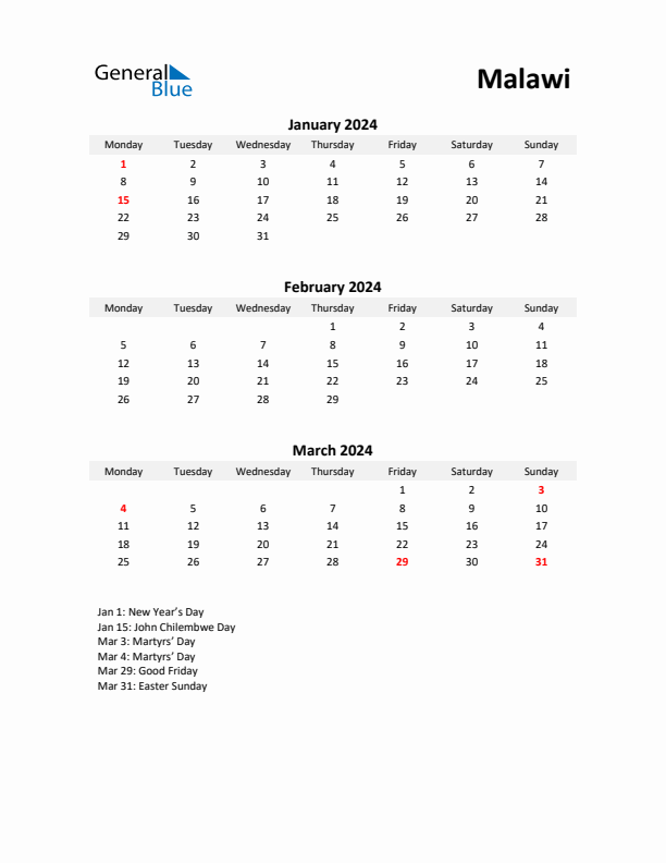 Printable Quarterly Calendar with Notes and Malawi Holidays- Q1 of 2024