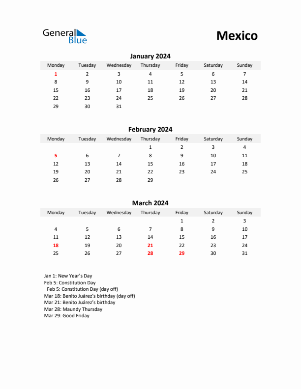 Printable Quarterly Calendar with Notes and Mexico Holidays- Q1 of 2024