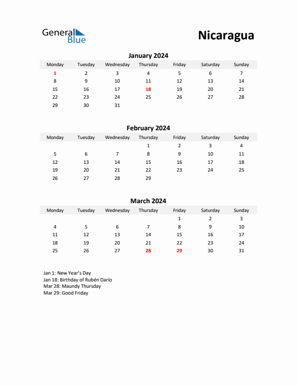 Printable Quarterly Calendar with Notes and Nicaragua Holidays- Q1 of 2024