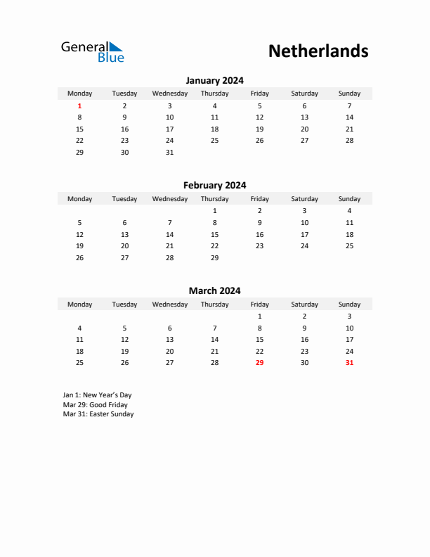 Printable Quarterly Calendar with Notes and The Netherlands Holidays- Q1 of 2024