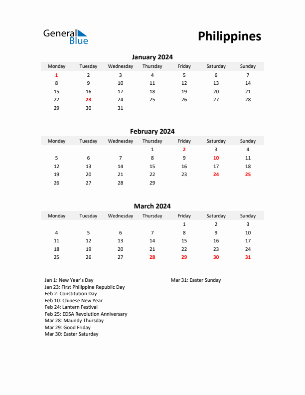 Printable Quarterly Calendar with Notes and Philippines Holidays- Q1 of 2024