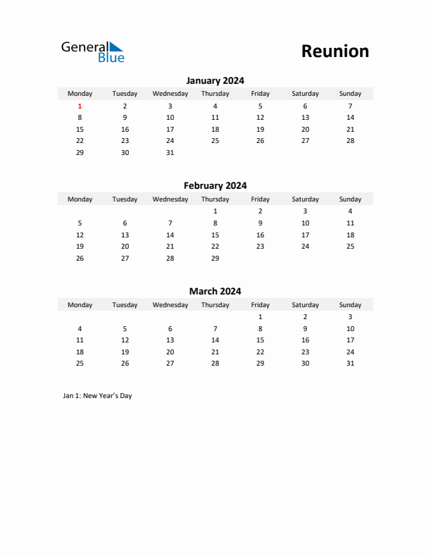 Printable Quarterly Calendar with Notes and Reunion Holidays- Q1 of 2024