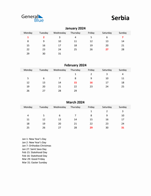 Printable Quarterly Calendar with Notes and Serbia Holidays- Q1 of 2024